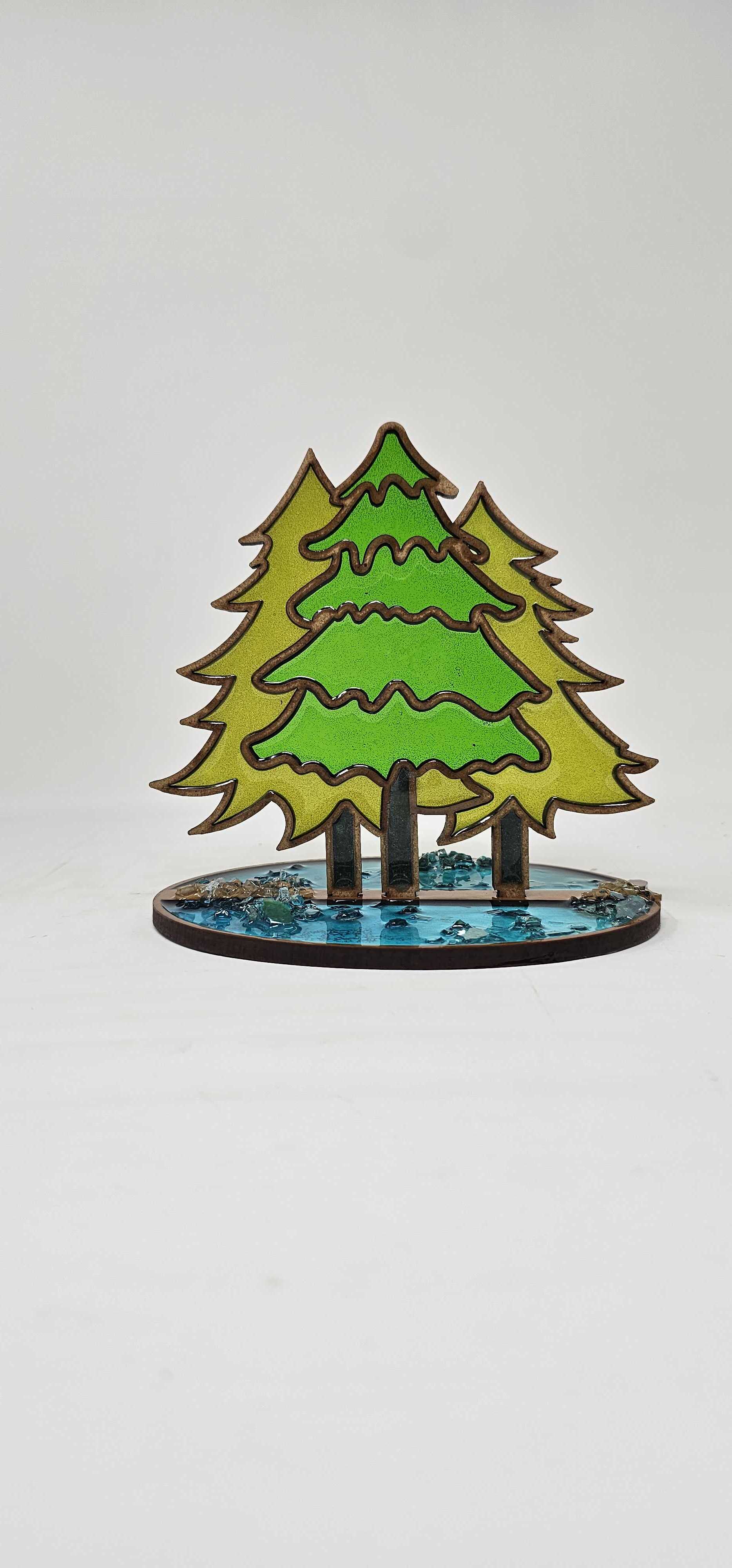 Faux Stained Glass Laser Cut MDF Cutout Tree Silhouette Three Evergreen Trees On Base - Unfinished For DIY