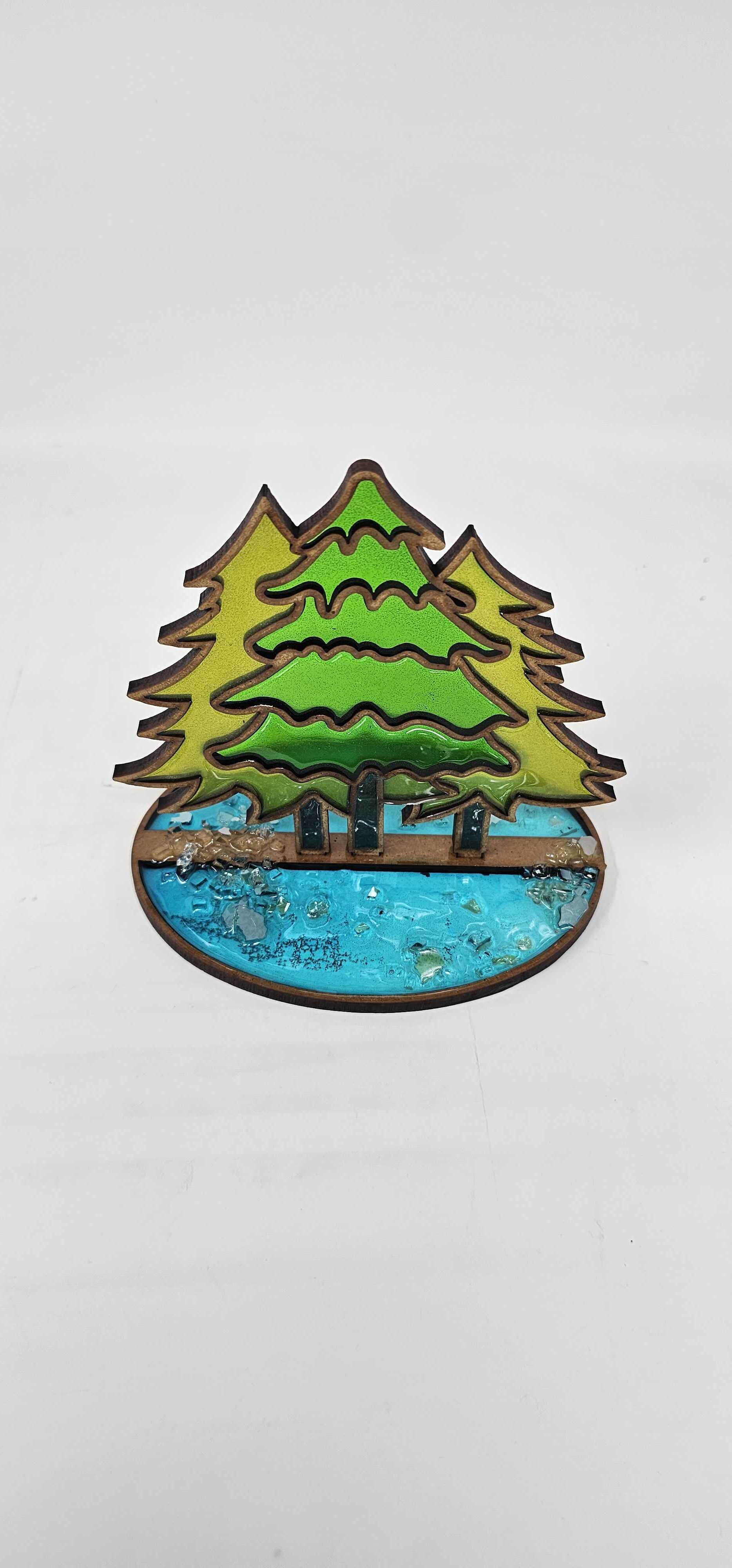 Faux Stained Glass Laser Cut MDF Cutout Tree Silhouette Three Evergreen Trees On Base - Unfinished For DIY