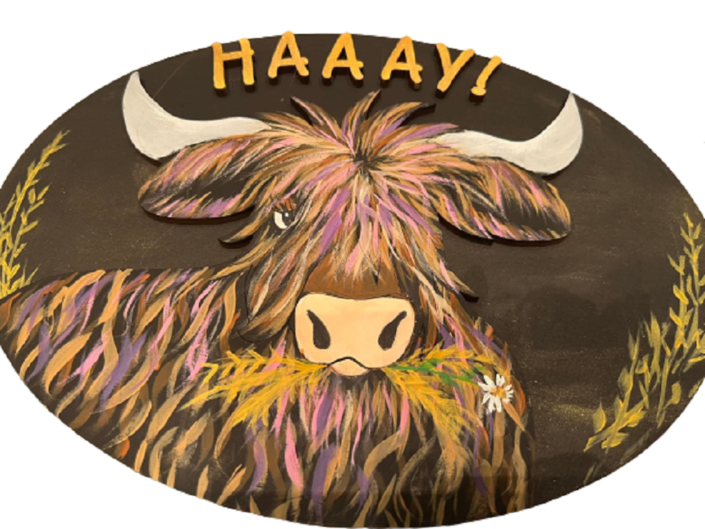 Design By Line Oval MDF Cutout Highland Cow Haaay! - Unfinished For DIY