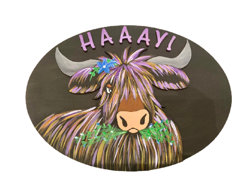 Design By Line Oval MDF Cutout Highland Cow Haaay! - Unfinished For DIY