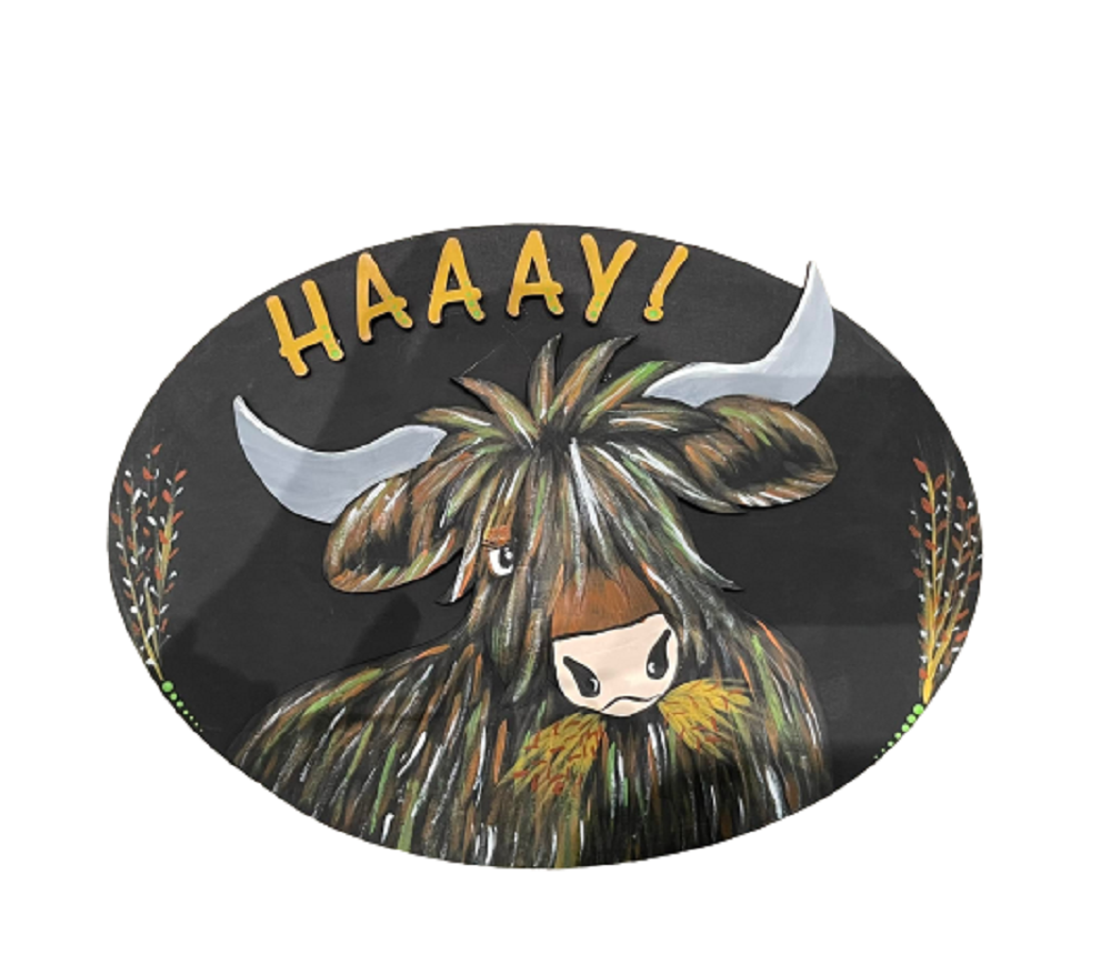 Design By Line Oval MDF Cutout Highland Cow Haaay! - Unfinished For DIY