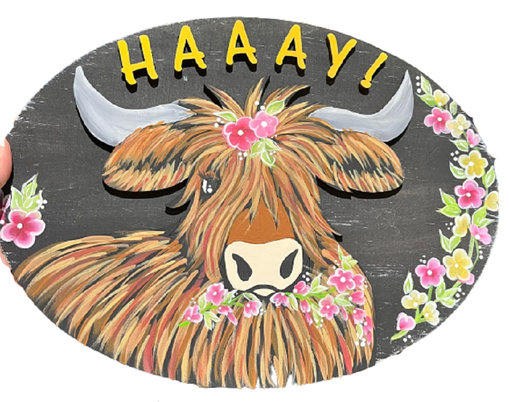 Design By Line Oval MDF Cutout Highland Cow Haaay! - Unfinished For DIY
