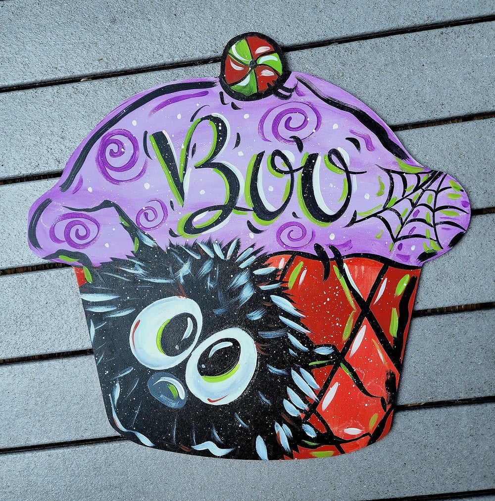 Design By Line Cupcake MDF Cutout Boo Text With Spider Web And Sprinkles - Unfinished For DIY