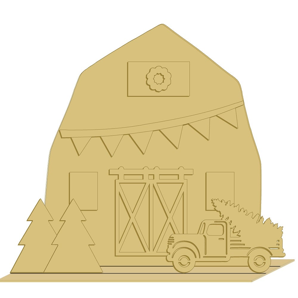 3D Barn MDF Cutout Barn Scene With Truck And Trees - Unfinished For DIY