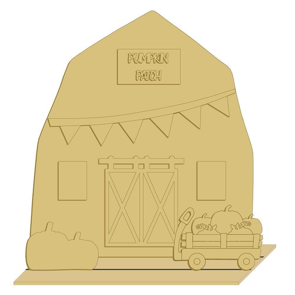 3D Barn MDF Cutout Pumpkin Patch Scene - Unfinished For DIY