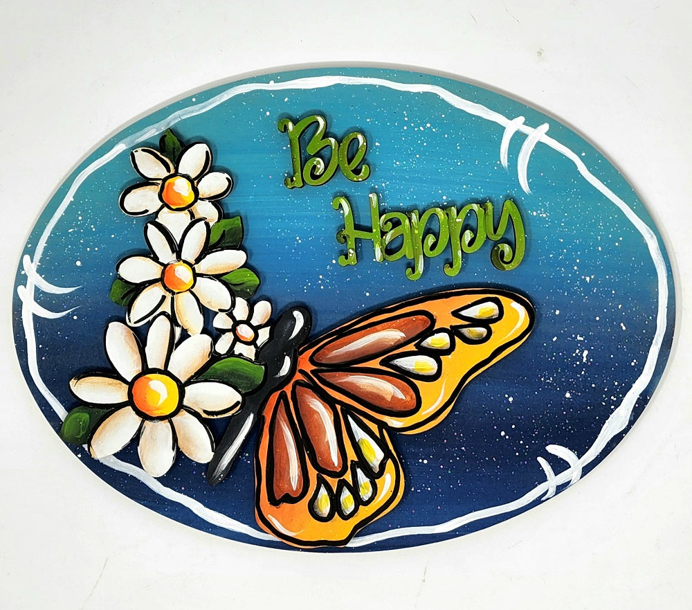 Design By Line Oval MDF Cutout Be Happy With Butterfly And Flowers - Unfinished For DIY