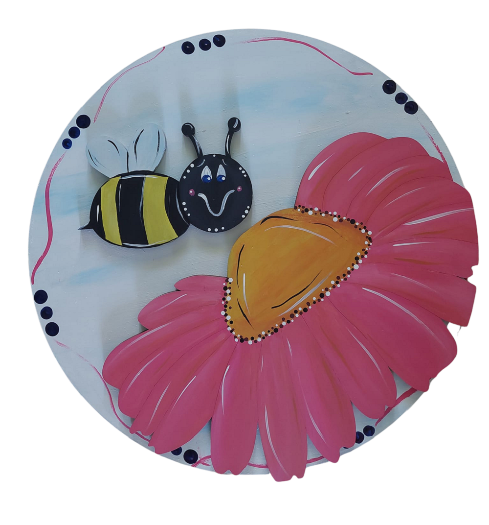 Design By Line Round MDF Cutout Bee And Flower Silhouette - Unfinished For DIY