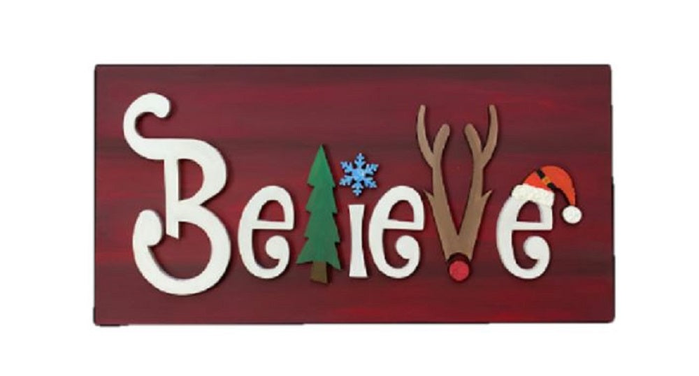 3D Rectangle MDF Cutout Believe Christmas Tree With Santa Hat - Unfinished For DIY
