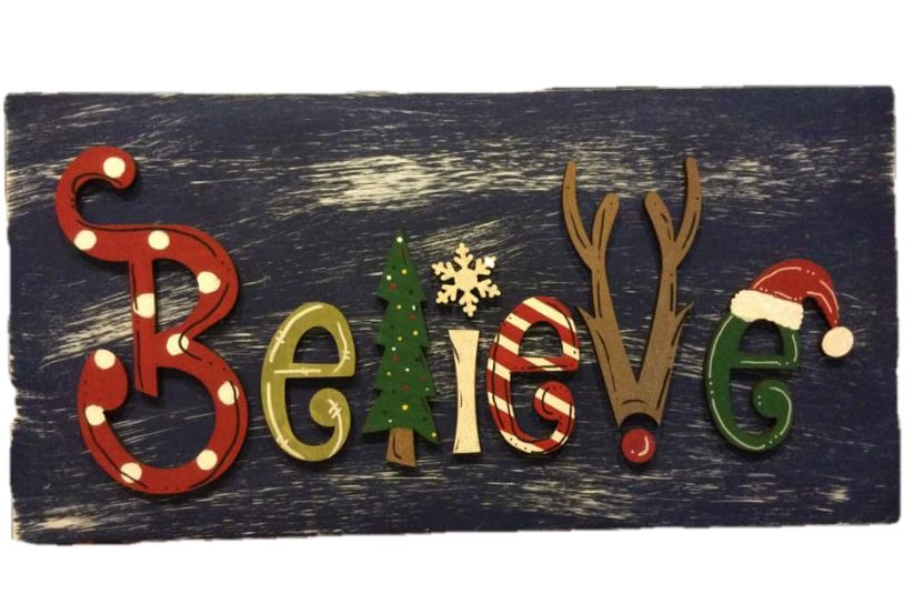 3D Rectangle MDF Cutout Believe Christmas Tree With Santa Hat - Unfinished For DIY