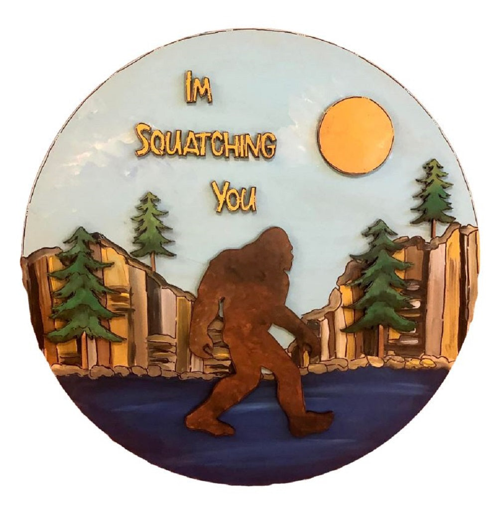 Design By Line Round MDF Cutout I'm Squatching You Silhouette With Forest Trees And Sun - Unfinished For DIY