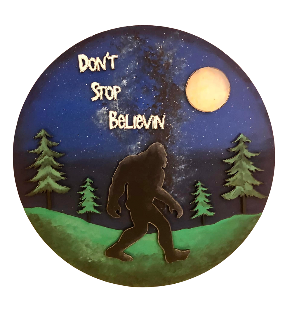 Design By Line Round MDF Cutout Don't Stop Believin Bigfoot In Forest Silhouette - Unfinished For DIY