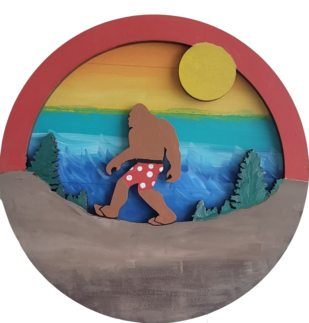 3D Round MDF Cutout Don't Stop Believin Bigfoot Walking In Forest - Unfinished For DIY