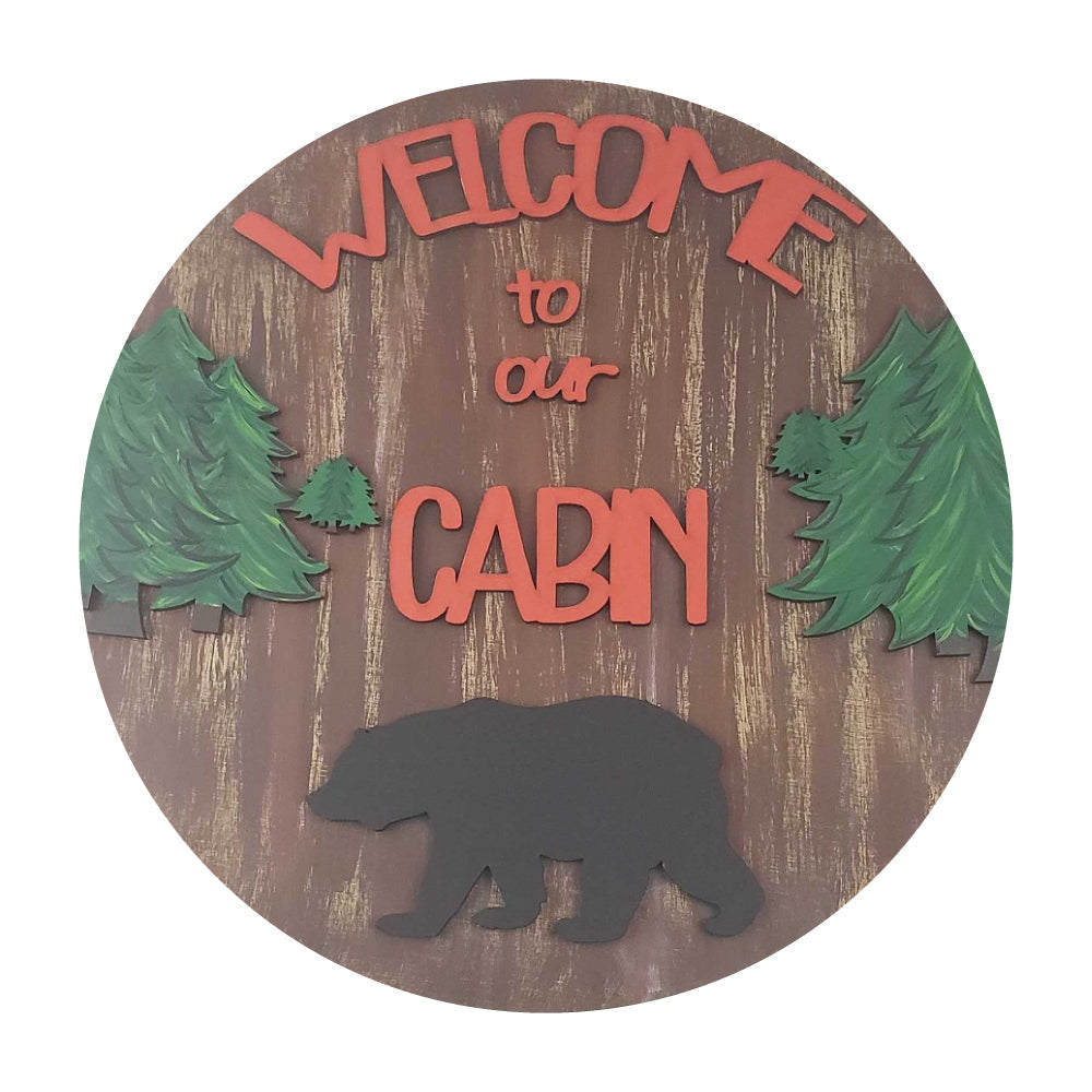 Design By Line Round MDF Cutout Welcome To Our Cabin Bear Scene - Unfinished For DIY