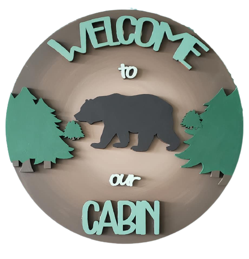 Design By Line Round MDF Cutout Welcome To Our Cabin Bear Scene - Unfinished For DIY