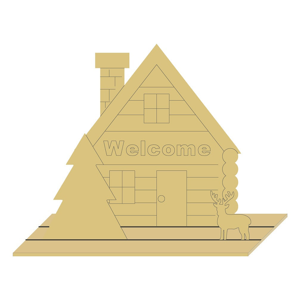 3D Cabin MDF Cutout Welcome Deer & Pine Tree Scene - Unfinished For DIY