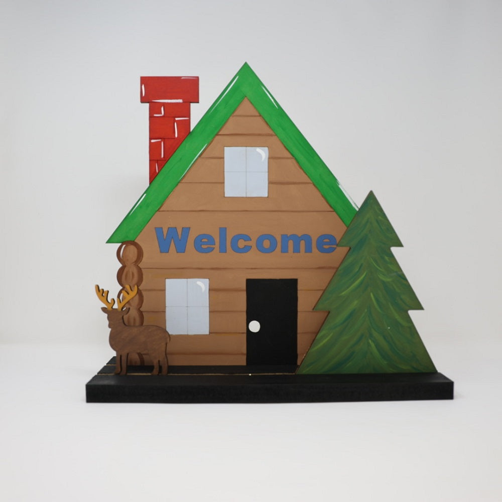 3D Cabin MDF Cutout Welcome Deer & Pine Tree Scene - Unfinished For DIY