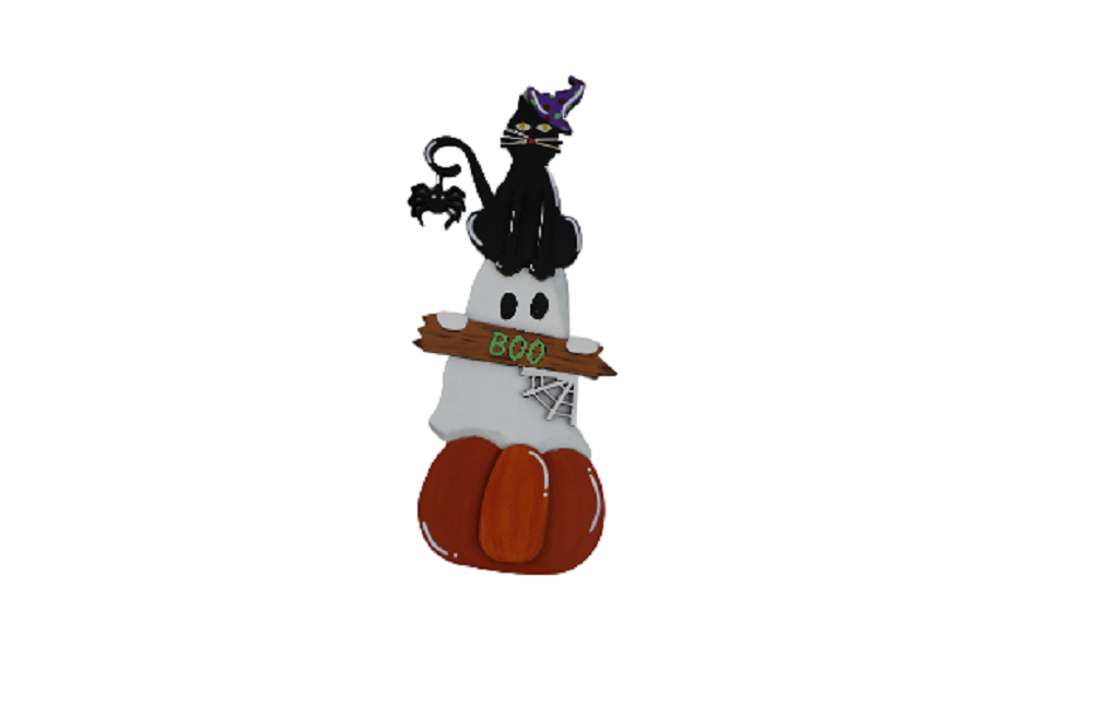 3D Cat Ghost MDF Cutout Halloween Decor With BOO Banner, Spider Web, Pumpkin Base - Unfinished For DIY
