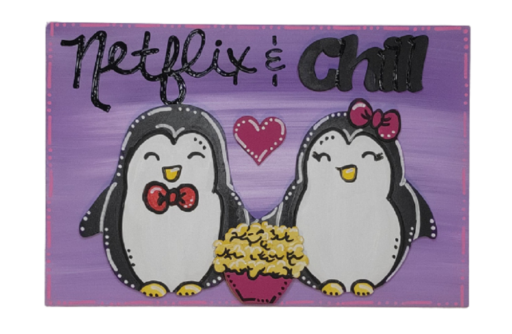 Design By Line Rectangular MDF Cutout Chill Penguin Couple With Heart And Flower Pot - Unfinished For DIY