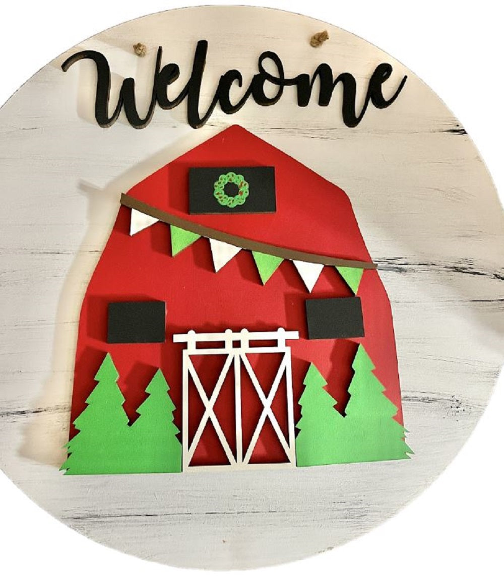 3D Round MDF Cutout Welcome Barn Scene With Christmas Trees- Unfinished For DIY