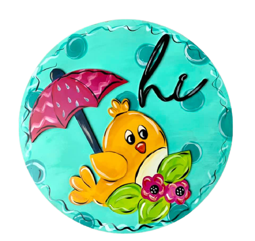Design By Line Round MDF Cutout Bird Under Umbrella With Flowers - Unfinished For DIY