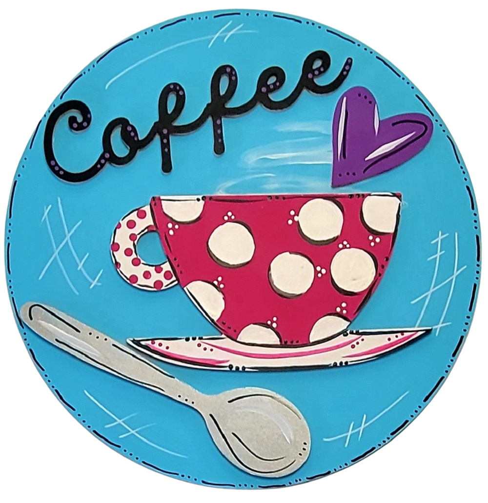 Design By Line Round MDF Cutout Coffee Cup With Heart And Spoon - Unfinished For DIY