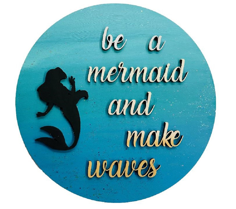 Design By Line Round MDF Cutout Be A Mermaid And Make Waves Left Facing Silhouette - Unfinished For DIY