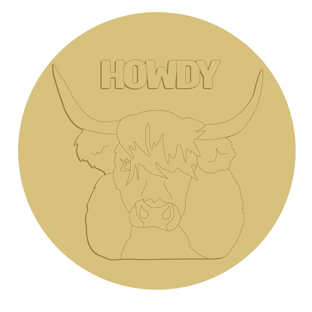 3D Round MDF Cutout Howdy Longhorn Cow - Unfinished For DIY