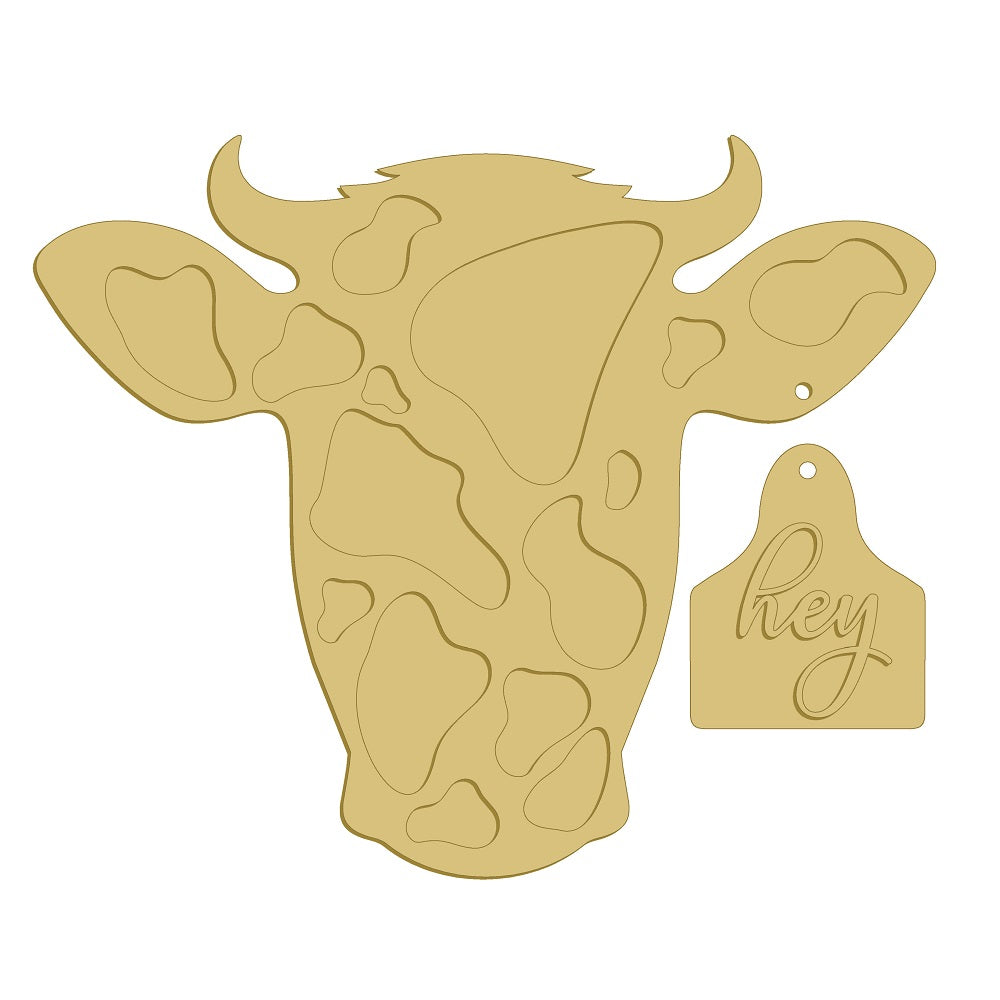 3D Cow Head MDF Cutout With Hey Tag - Unfinished For DIY