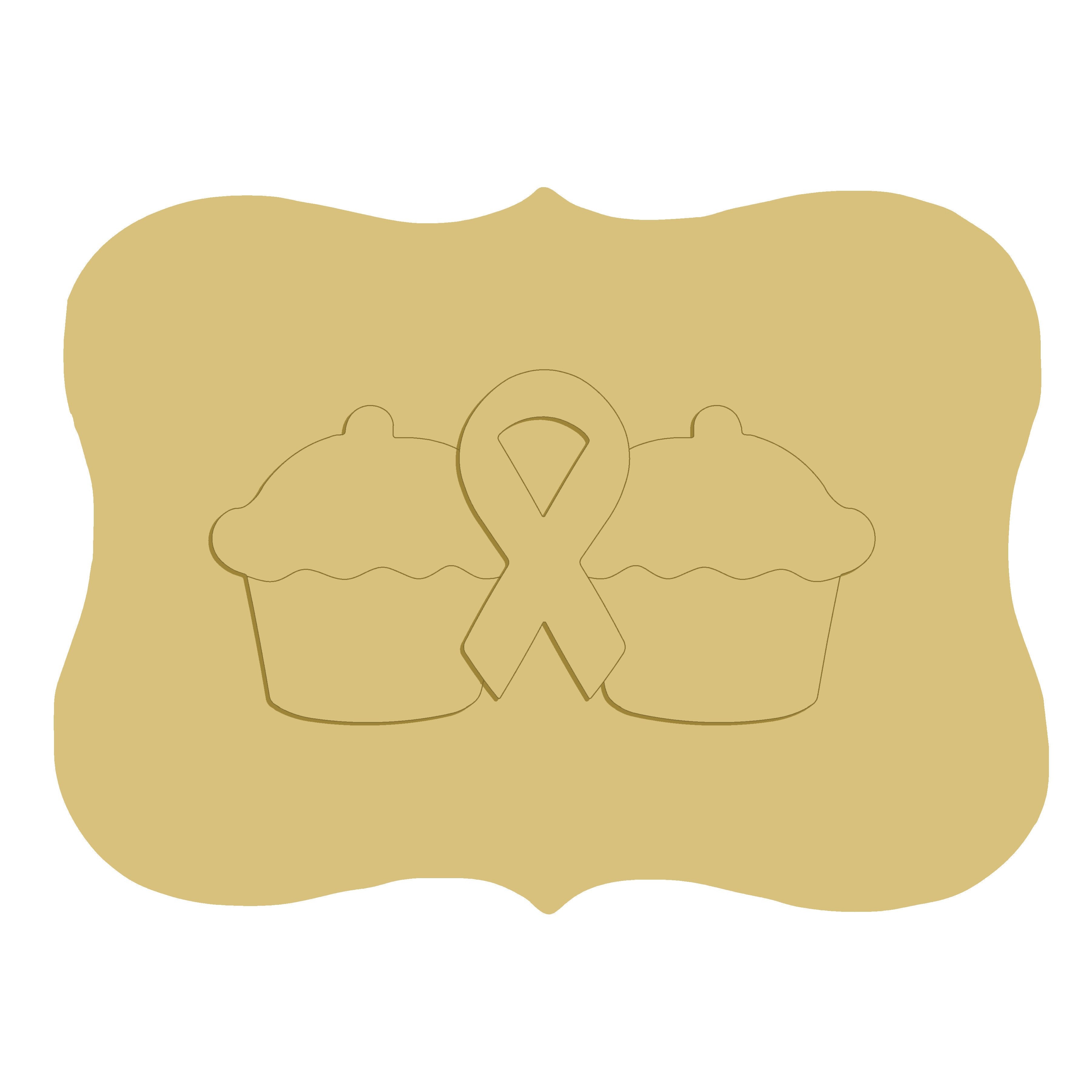 3D Plaque MDF Cutout Two Cupcakes With Ribbon For Breast Cancer - Unfinished For DIY
