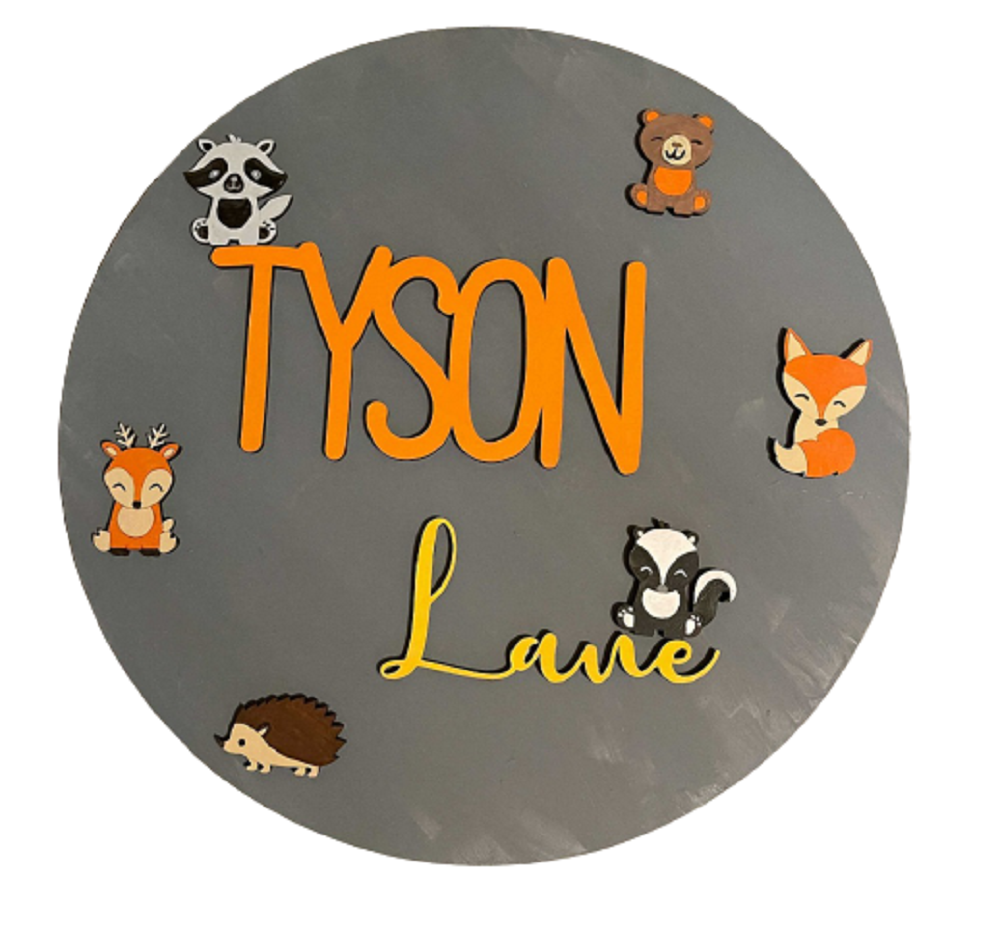 3D Round MDF Cutout Tyson Lane With Woodland Animals - Unfinished For DIY