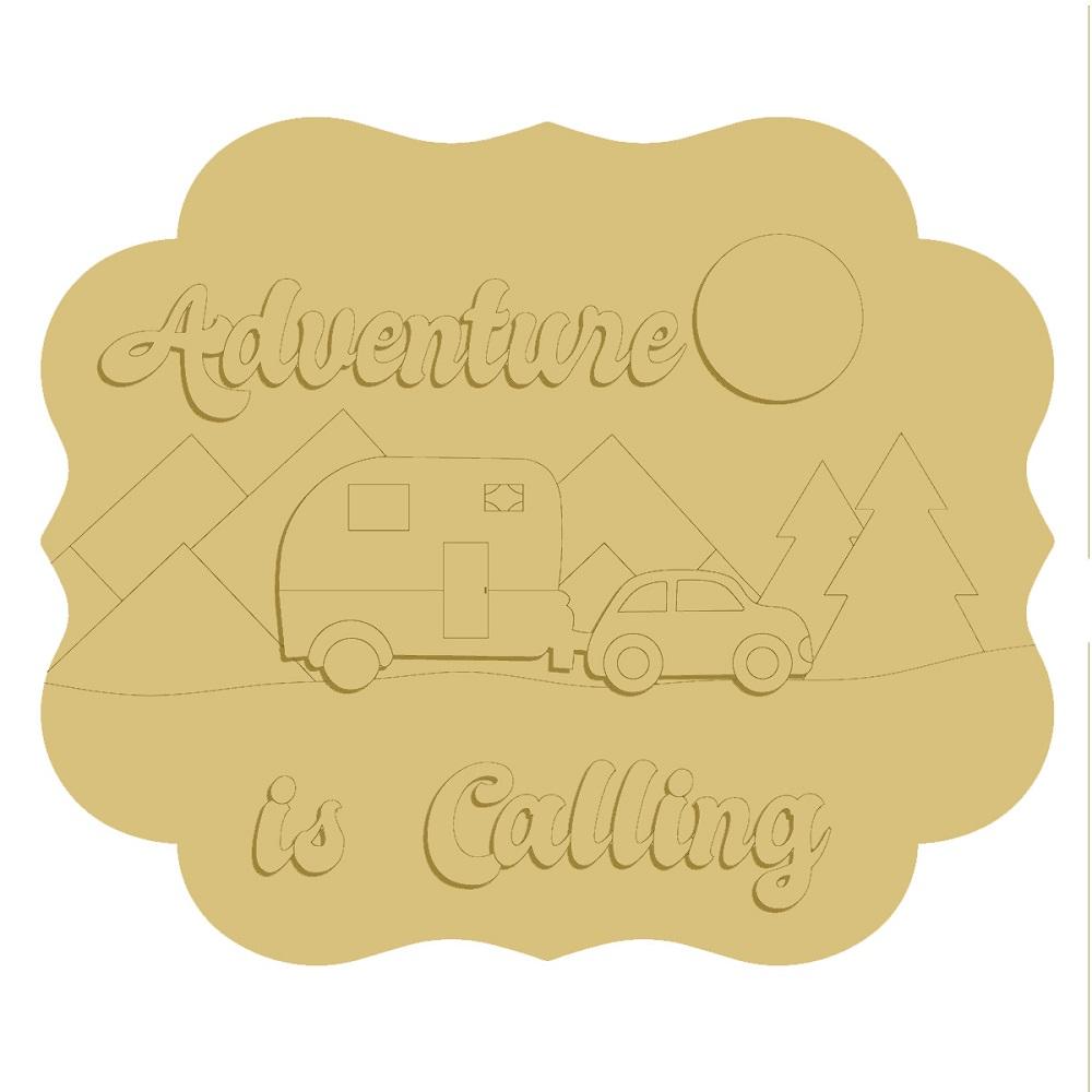 3D Design By Line Scalloped Plaque MDF Cutout Adventure Is Calling Camper And Car Scene With Mountains - Unfinished For DIY