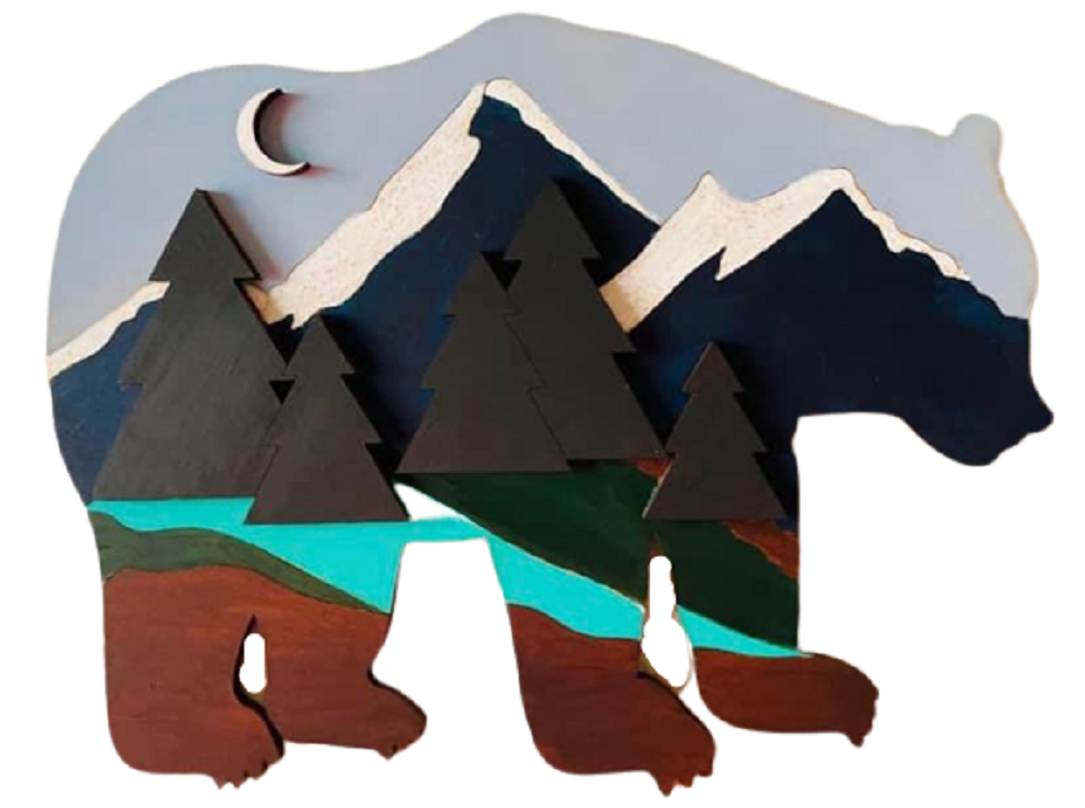 3D Design By Line Bear MDF Cutout Forest Scene With Mountains And Trees - Unfinished For DIY