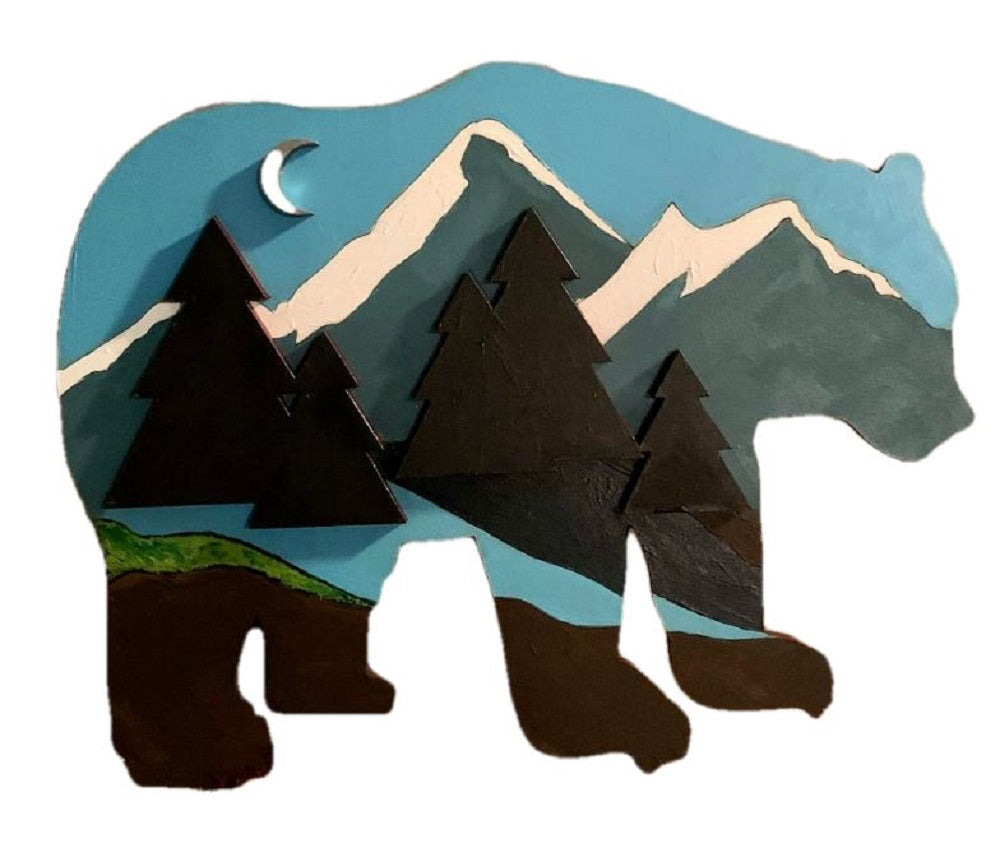 Design By Line Bear MDF Cutout Mountain Forest Scene - Unfinished For DIY