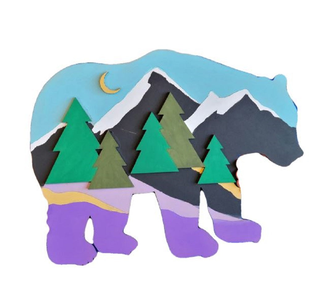 3D Design By Line Bear MDF Cutout Forest Scene With Mountains And Trees - Unfinished For DIY