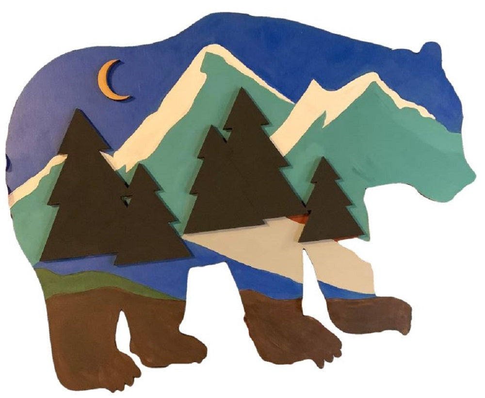 3D Design By Line Bear MDF Cutout Forest Scene With Mountains And Trees - Unfinished For DIY