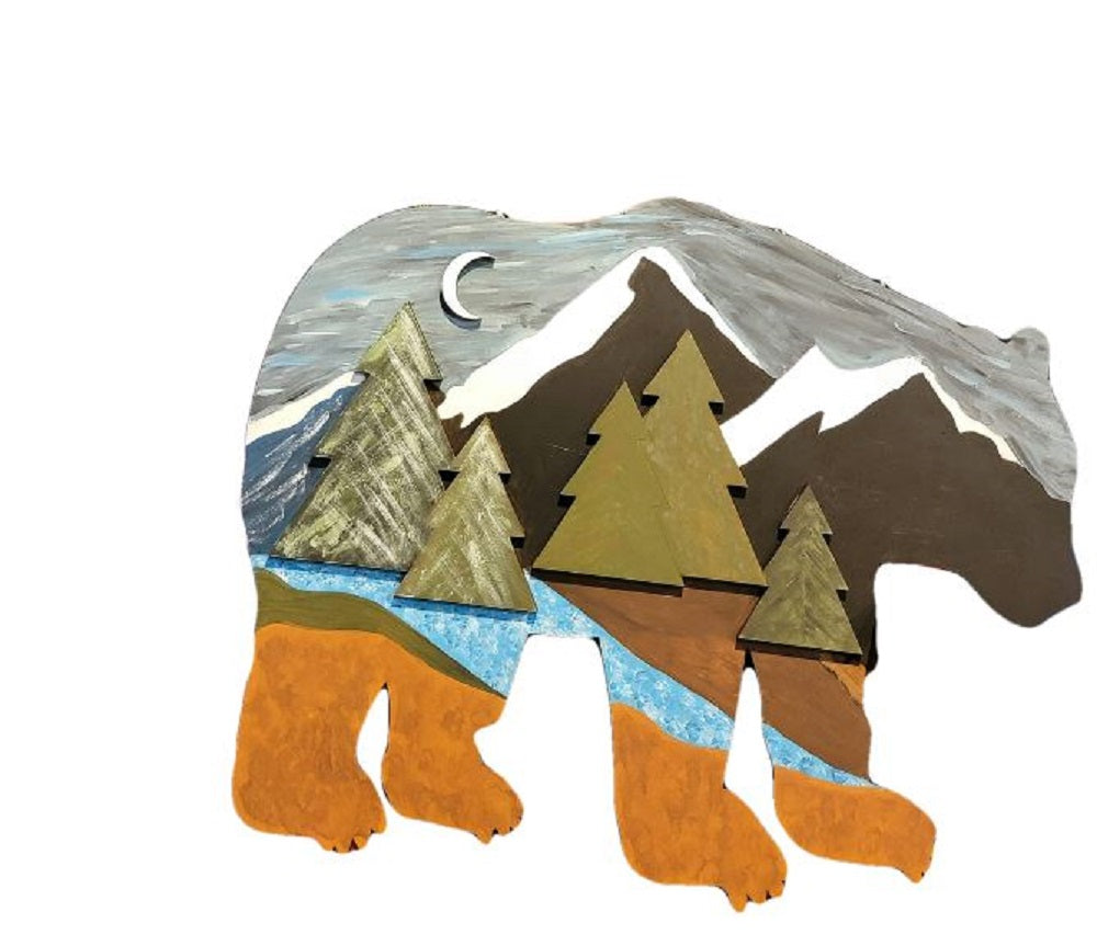 3D Design By Line Bear MDF Cutout Forest Scene With Mountains And Trees - Unfinished For DIY