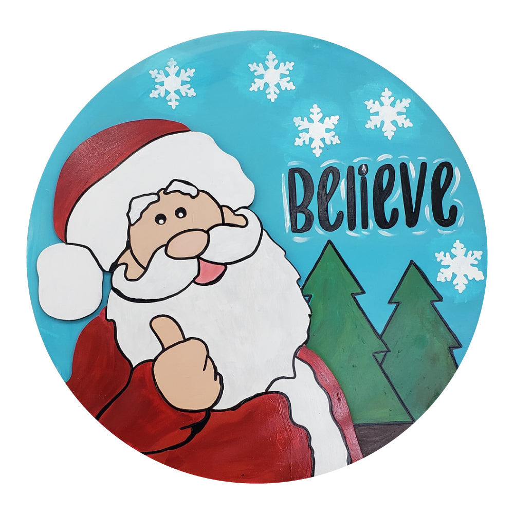 Design By Line Round MDF Cutout Believe Santa With Snowflakes And Pine Trees - Unfinished For DIY