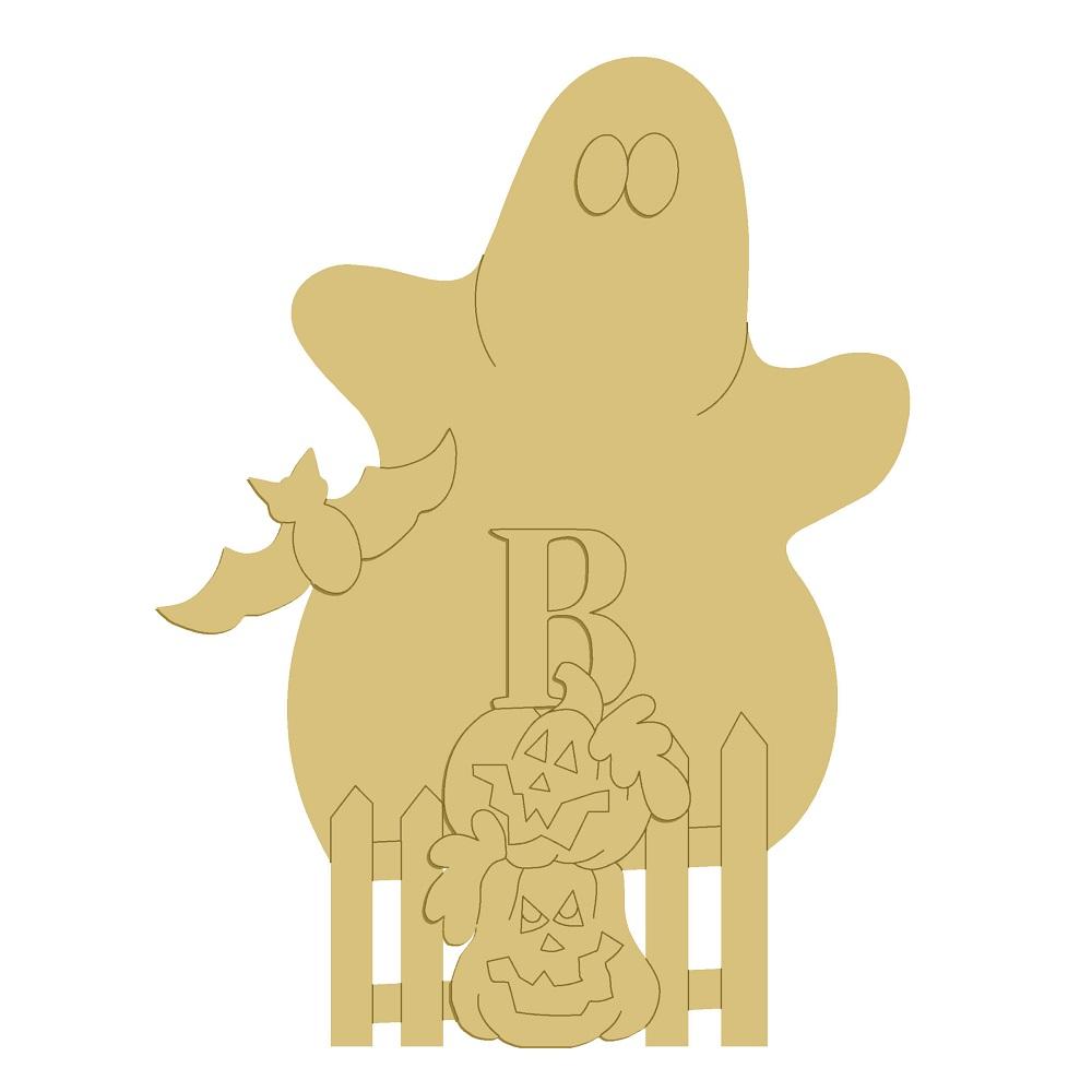 3D Design By Line Ghost MDF Cutout Letter B With Pumpkins, Bat And Fence - Unfinished For DIY