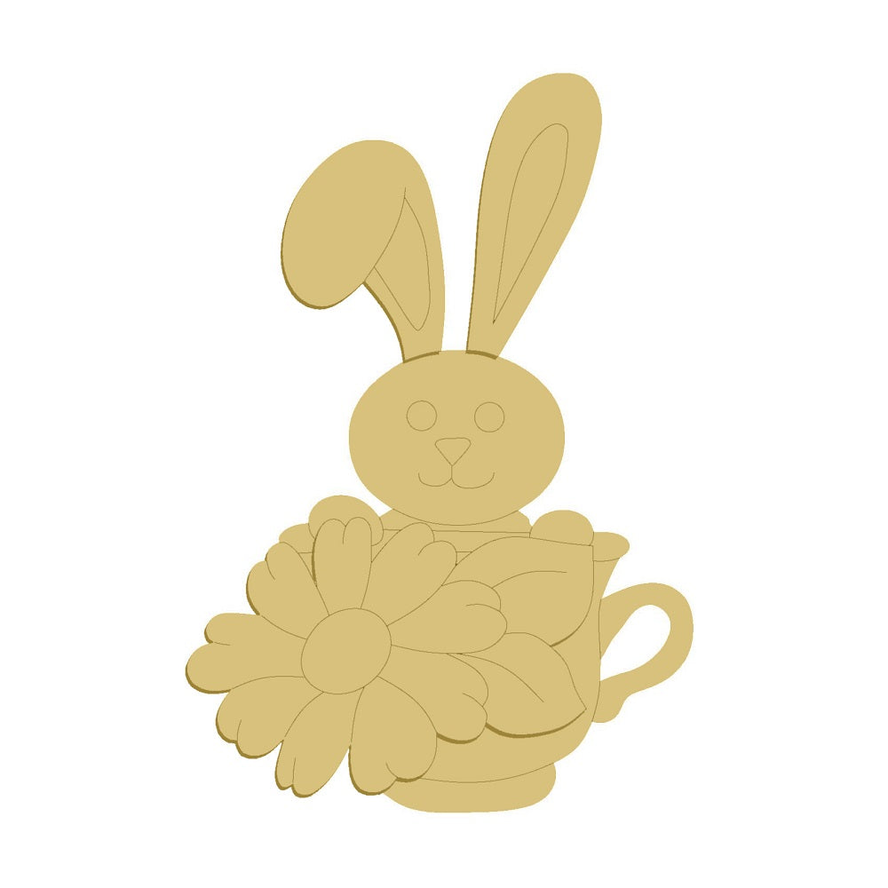 3D Design By Line Bunny in Mug MDF Cutout With Daisy Bouquet - Unfinished For DIY
