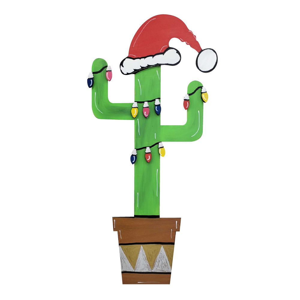 Design By Line Cactus MDF Cutout With String Lights And Santa Hat - Unfinished For DIY