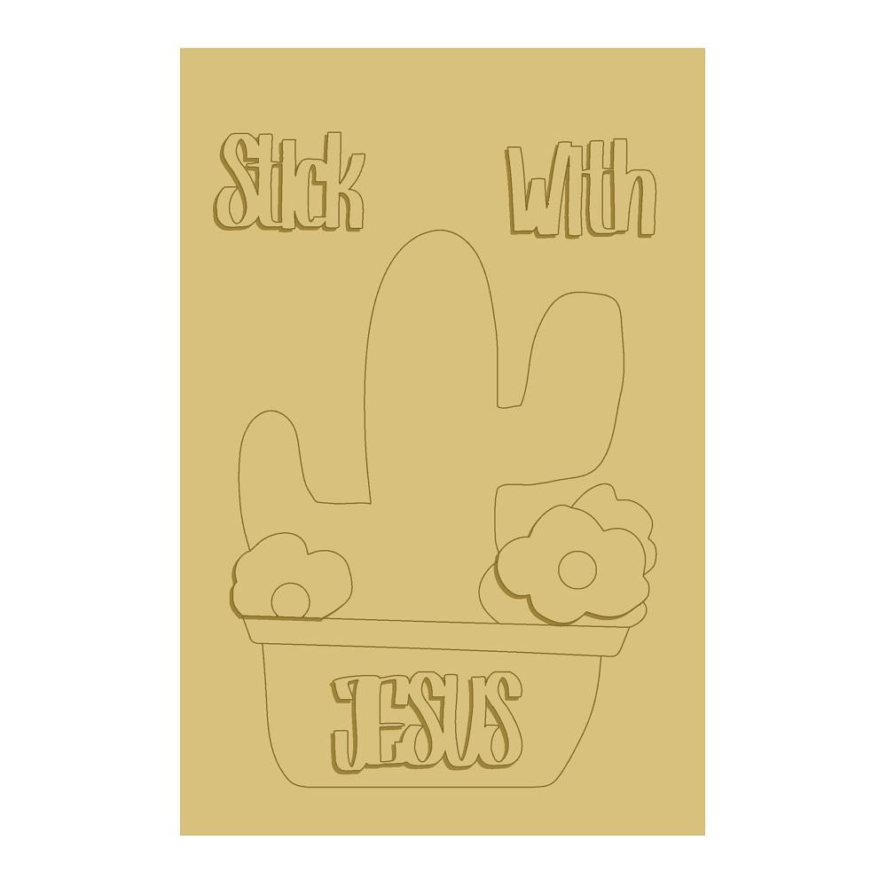 3D Rectangle MDF Cutout Stick With Jesus Phrase With Cactus And Flower - Unfinished For DIY