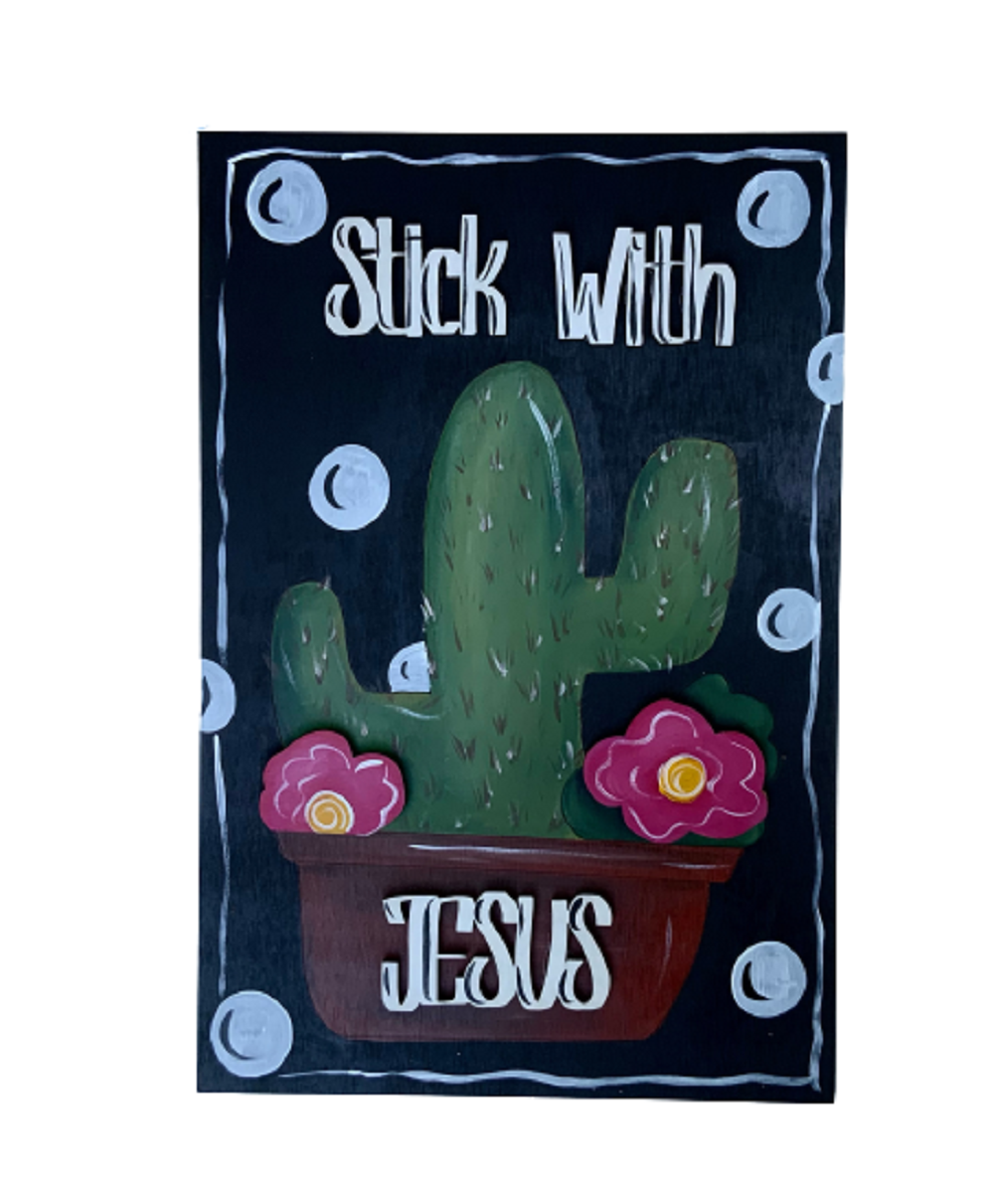 3D Rectangle MDF Cutout Stick With Jesus Phrase With Cactus And Flower - Unfinished For DIY