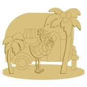 3D Design By Line Flamingo MDF Cutout Beach Scene With Palm Trees And Camper - Unfinished For DIY
