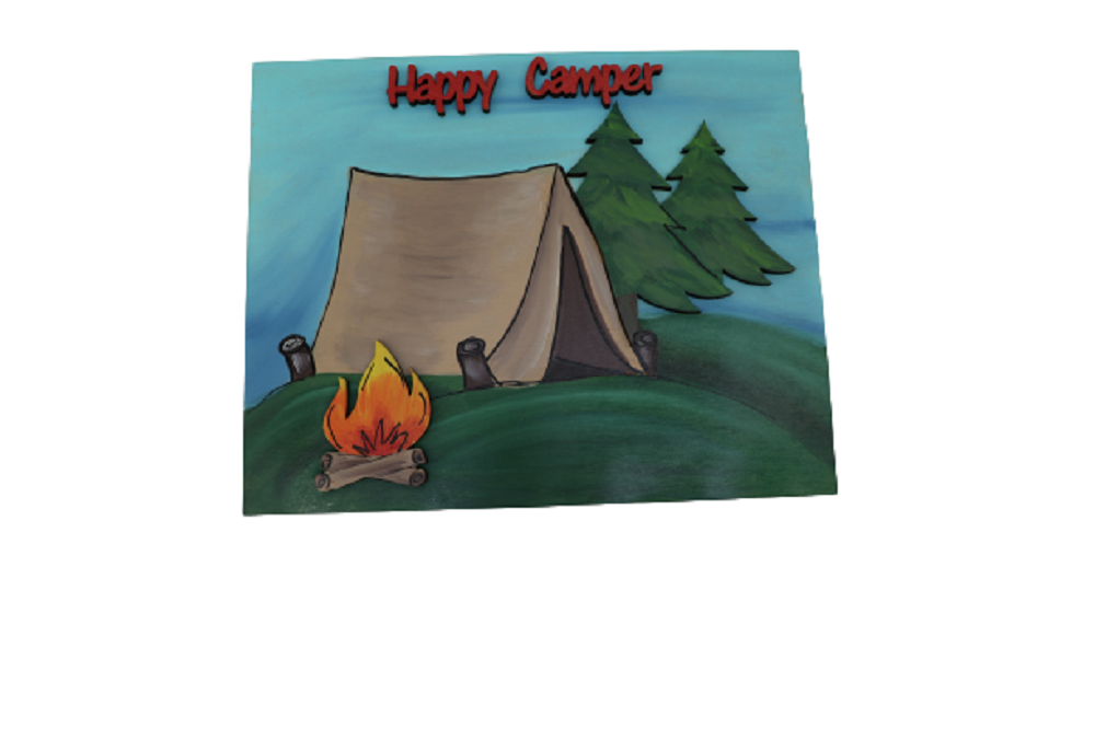 3D Design By Line Square MDF Cutout Happy Camper Camping Scene - Unfinished For DIY
