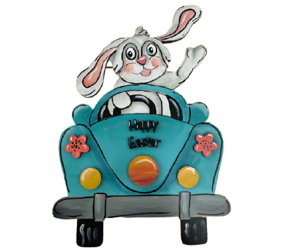 Design By Line Bunny In Wagon MDF Cutout Happy Easter - Unfinished For DIY