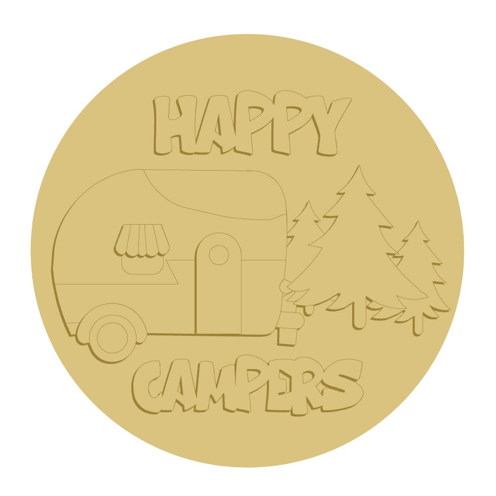 3D Round MDF Cutout Happy Campers Camper Van Scene - Unfinished For DIY