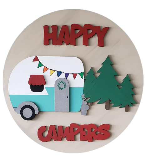 Design By Line Round MDF Cutout Happy Campers Camper Van With Pine Trees - Unfinished For DIY