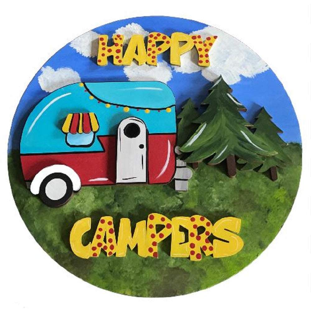 Design By Line Round MDF Cutout Happy Campers Camper Van With Pine Trees - Unfinished For DIY
