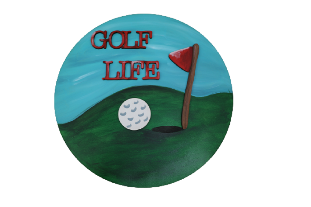 Design By Line Round MDF Cutout Golf Life On Hill With Flagpole And Golf Ball - Unfinished For DIY