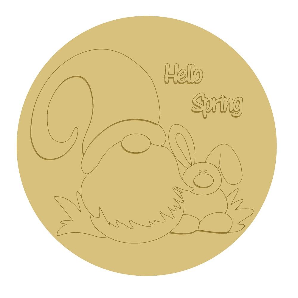 3D Design By Line Round MDF Cutout Hello Spring Gnome With Bunny - Unfinished For DIY